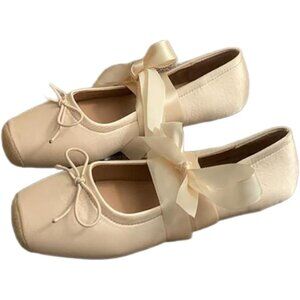 Women Beige Canvas Lace Up Ankle Strap Floral Dressy Ballet Flats Shoes